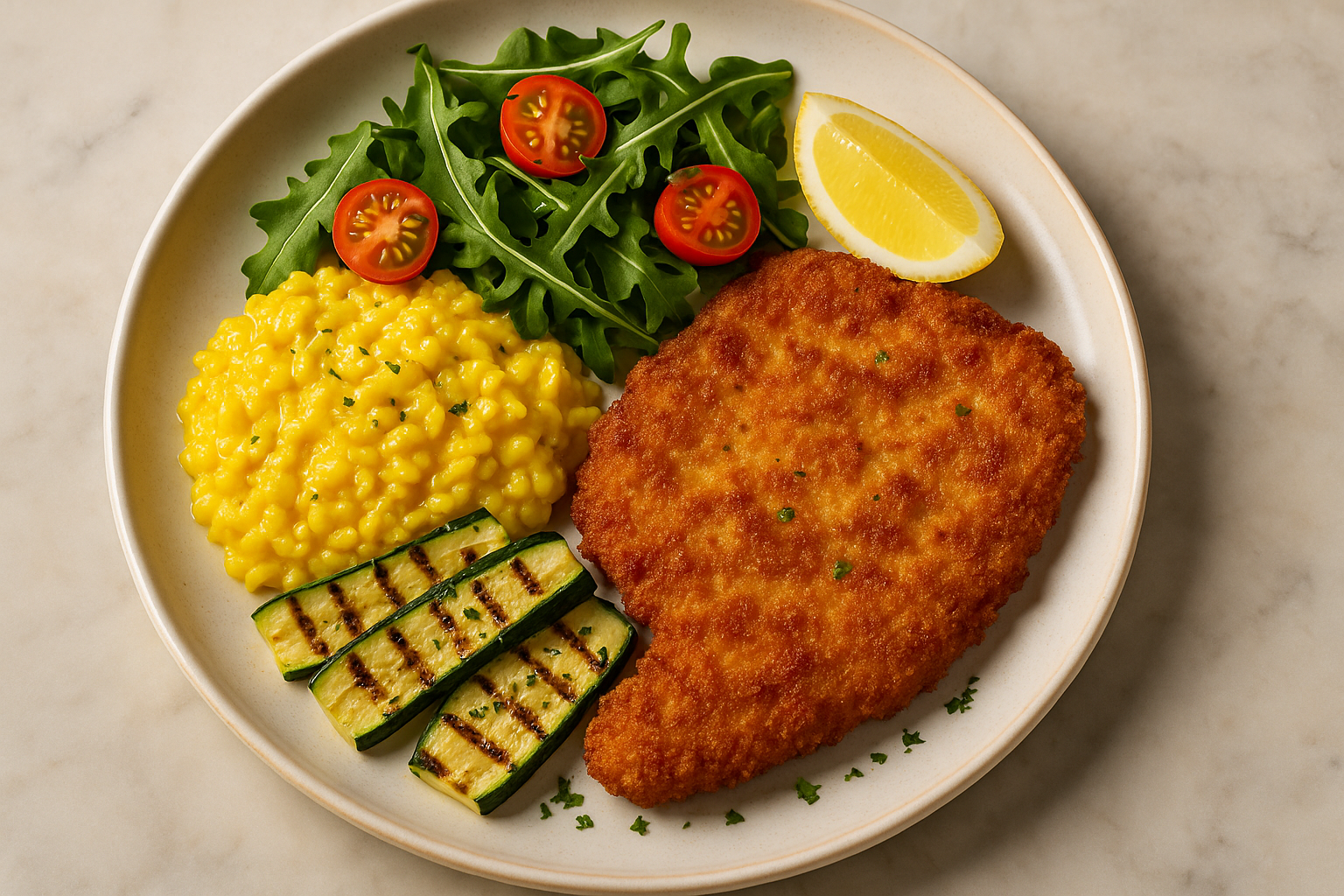 Escalope milanaise panée dorée sur assiette blanche avec risotto au safran, salade roquette et légumes grillés